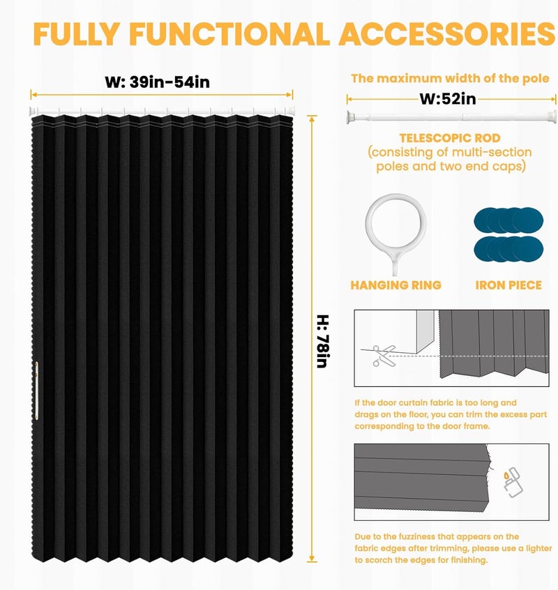 A-jazz 100% Blackout Magnetic Door Curtain Pleated Door Curtain Invisible Applicable Bedroom Room Living Room Doorway (1 Pack, 54 W x 78 L, Black+Rod) - Image 3